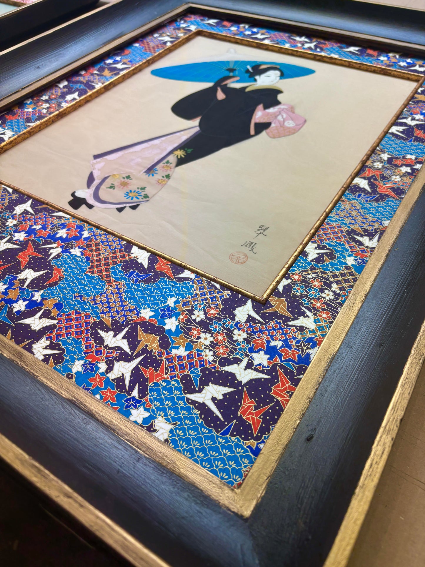 Antique Silk Painting of Geisha with Parasol