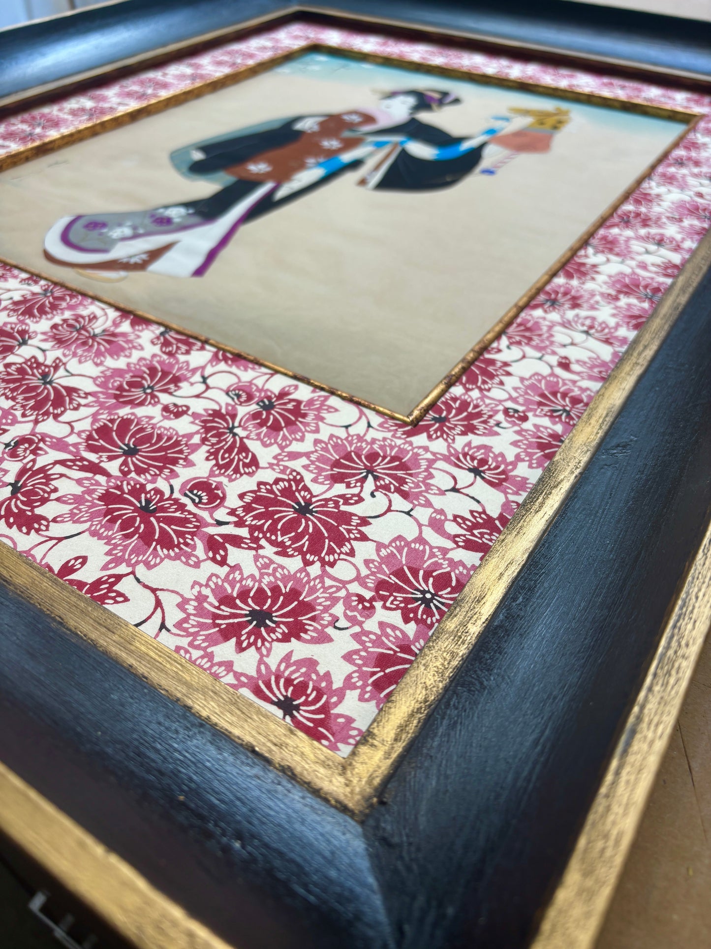 Antique Silk Painting of Geisha with Hand Puppet