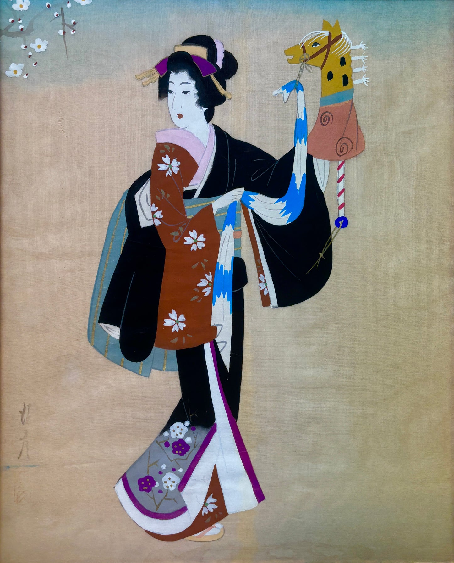 Antique Silk Painting of Geisha with Hand Puppet