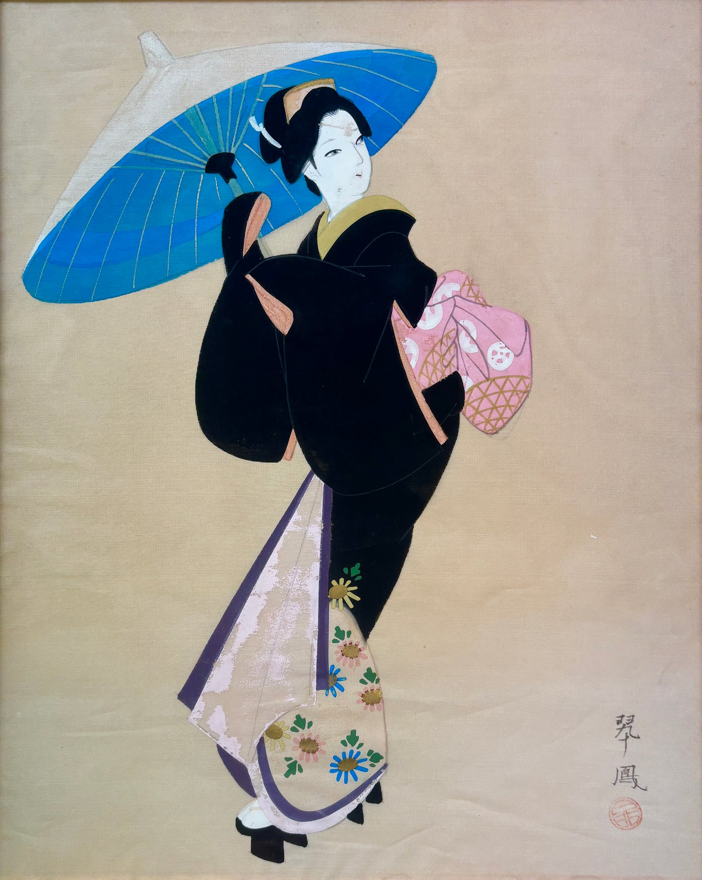 Antique Silk Painting of Geisha with Parasol