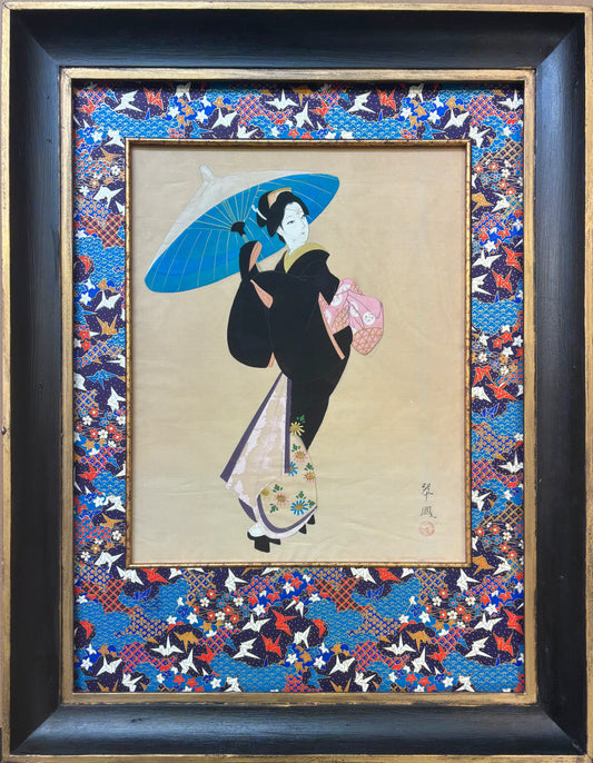 Antique Silk Painting of Geisha with Parasol