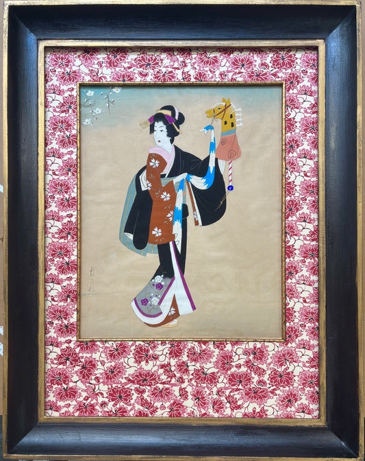 Antique Silk Painting of Geisha with Hand Puppet