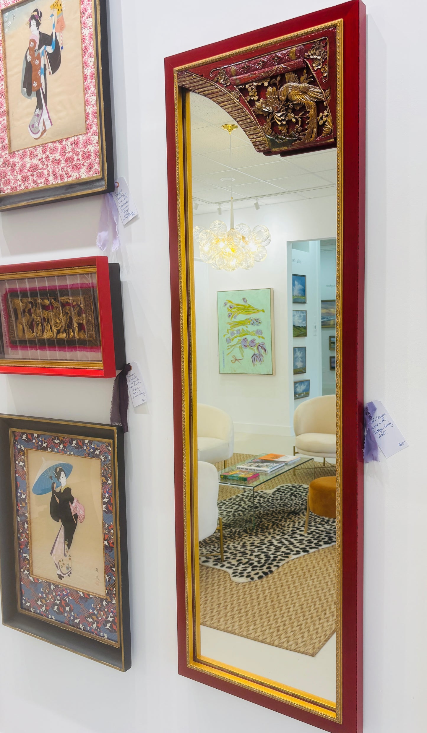 Chinese Red Mirror with Antique Carved Panel