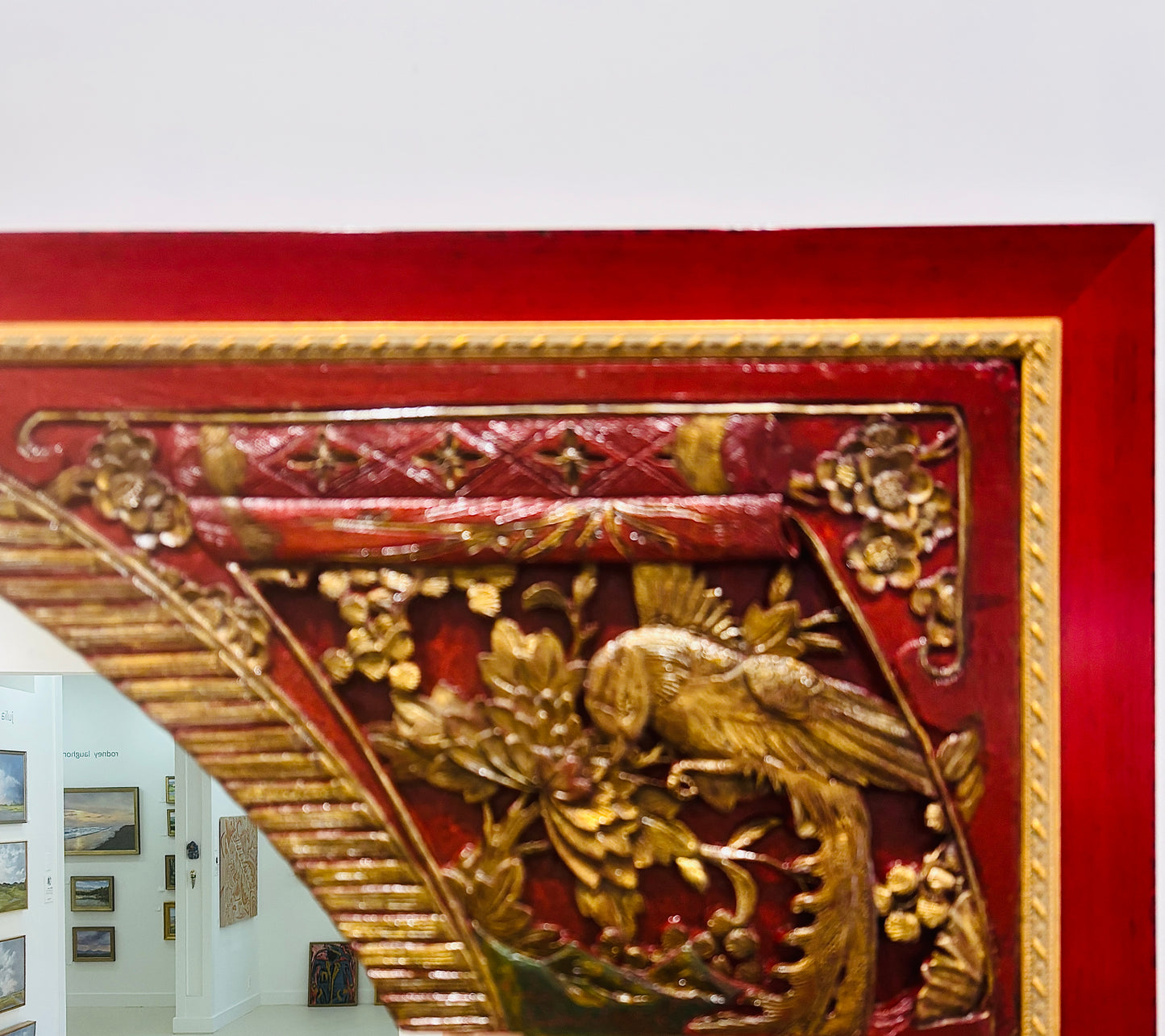 Chinese Red Mirror with Antique Carved Panel