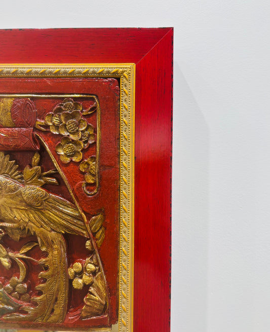Chinese Red Mirror with Antique Carved Panel